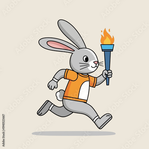 Cute cartoon rabbit running with a flaming torch, representing sports, competition, and achievement.
