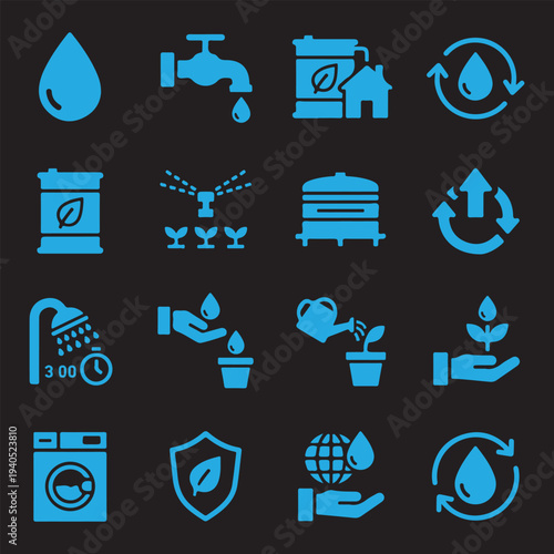 Solid Blue Water Conservation, Rainwater Harvesting, and Ecology Glyph Icon Set