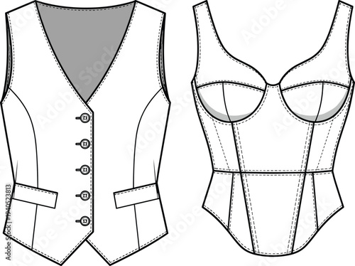 Technical Flat Sketch of Women's Tailored Vest and Corset Top Duo with Button Detail and Seam Lines CAD Drawing Flat Vector Illustration