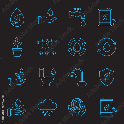 Set of 16 Eco-Friendly and Water Conservation Line Icons