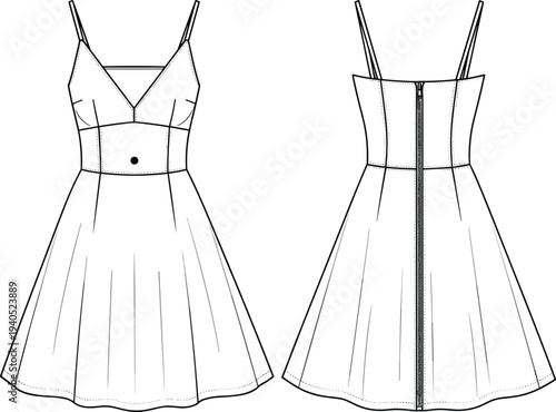 Technical Flat Sketch of Women's Mini Dress with Spaghetti Straps, V-Neckline, Cinched Waist, and Back Zipper CAD Drawing Flat Vector Illustration
