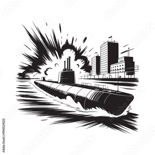A dramatic illustration depicts a submarine emerging from water amidst an explosion near a city high quality