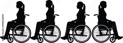 Set of four female silhouettes in wheelchairs, diverse sitting poses in profile view for accessibility healthcare and disability inclusion