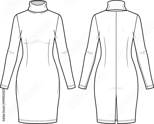 Long sleeve turtleneck bodycon midi dress with back slit detail technical CAD drawing flat vector illustration for apparel fashion design.