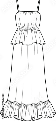 Sleeveless spaghetti strap tiered maxi dress with peplum waist and ruffle hem technical CAD drawing flat vector illustration fashion design.