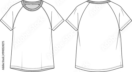Short sleeve raglan t-shirt with ribbed crew neck and curved hem technical CAD drawing flat vector illustration for fashion design.