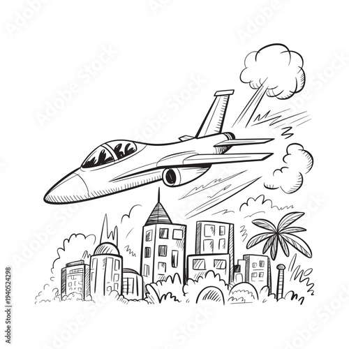 A detailed sketch depicts a fighter jet flying swiftly over a cityscape with dynamic motion lines