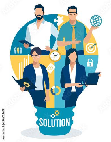 Solution. Idea. Team shown in a silhouette in the shape of a light bulb. Business vector illustration.

