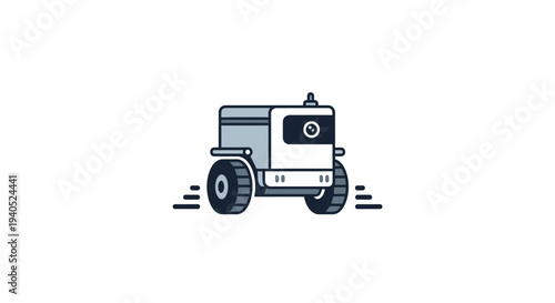 Small white robot on wheels moving.