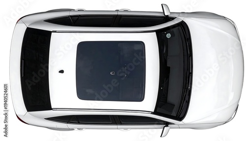 Overhead view of a white car with a sunroof, isolated on a white background