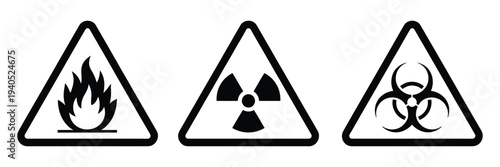 Hazard symbols flammable radioactive biological danger signs. Set of vector illustrations depicting hazardous materials, flammable substances, radioactive and biological threats, designed for safety 