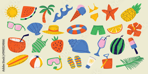 Summer Vacation and Beach Elements Collection Hand Drawn Doodle Vector Illustrations
