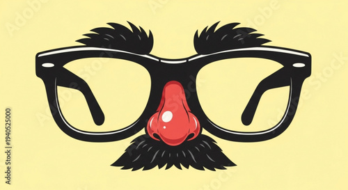 Funny face with glasses mustache and red nose on yellow background humorous character design