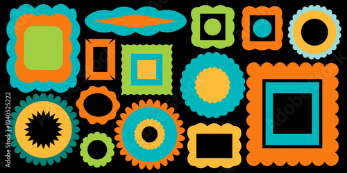 Collection of colorful uniquely shaped frames against a black background