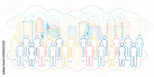 Abstract illustration of a city skyline with a crowd of people below