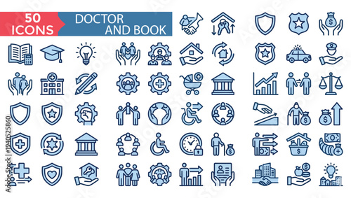 Collection of fifty blue line icons representing medicine law and education