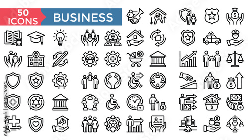 Collection of fifty business and finance related line icons in black and white