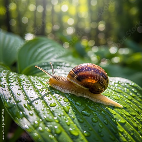 Snail on a Wet Green Leaf in Forest.