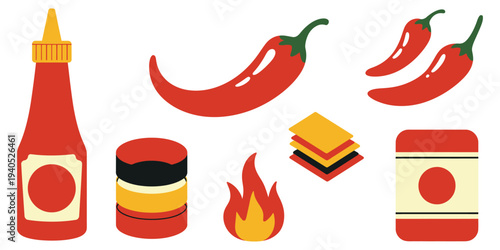 Hot chili pepper set with spicy red sauce bottle, flame icons, sliced peppers and condiments isolated on white. Detailed vector illustration of spicy ingredients including whole and sliced chili 