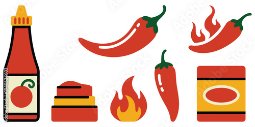 Hot chili pepper set with spicy red sauce bottle, flame icons, sliced peppers and condiments isolated on white. Vector illustration of fresh chili peppers, hot sauce, and fiery elements, perfect for 