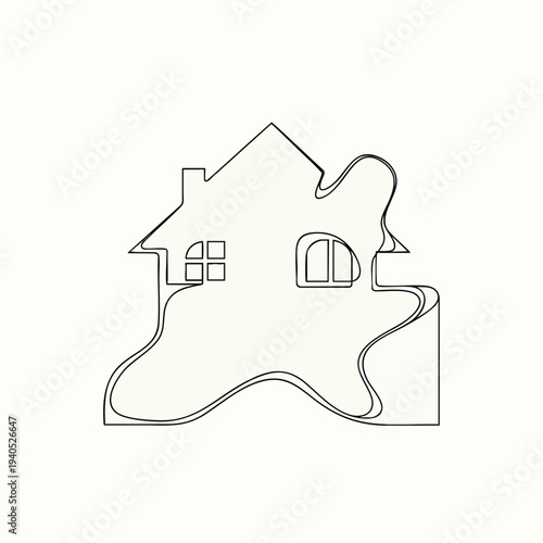 A black, minimalist line art drawing of a house with unique, wavy outlines. Two sets of windows appear square and arched