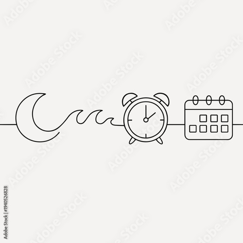 Moon, clock, and calendar icon line art representation of time management concept
