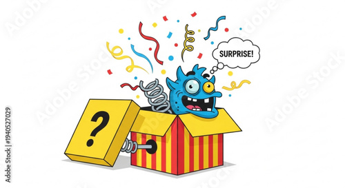Surprised blue monster popping out of a colorful striped box with confetti and question mark expressing excitement and joy