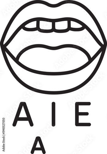 Open human mouth with alphabet letters outline icon symbolizing speech therapy articulation language and early vowel pronunciation