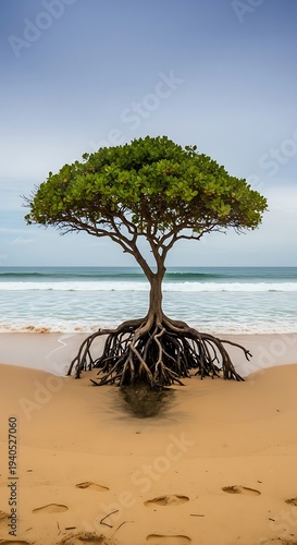 Solitary Mangrove Tree on Sandy Beach.