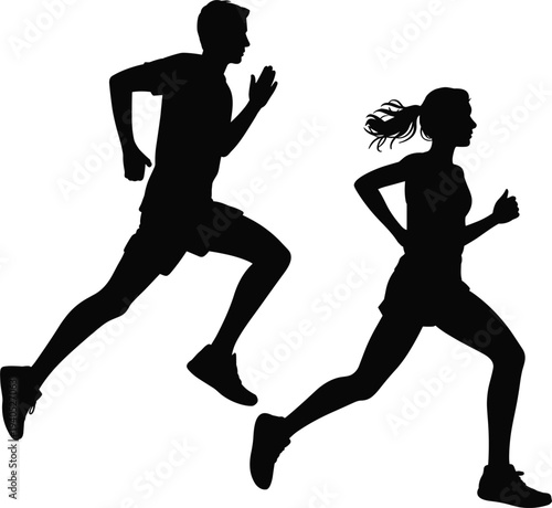 Healthy silhouette, man and woman jogging together, marathon runners training for fitness, active lifestyle, exercise