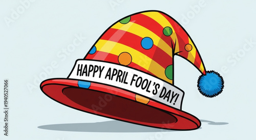Colorful jester hat with 'happy april fool's day' banner on light blue background