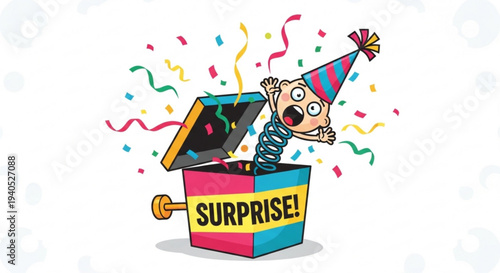 Surprised cartoon character jumping out of colorful surprise box with confetti
