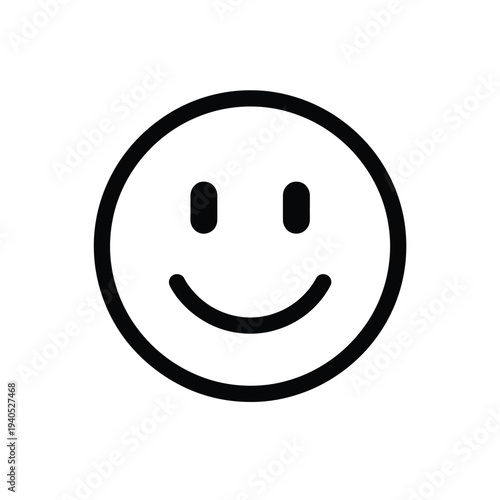 A black and white graphic depicting a smiling face with two small ovals for eyes and a curved line for a mouth