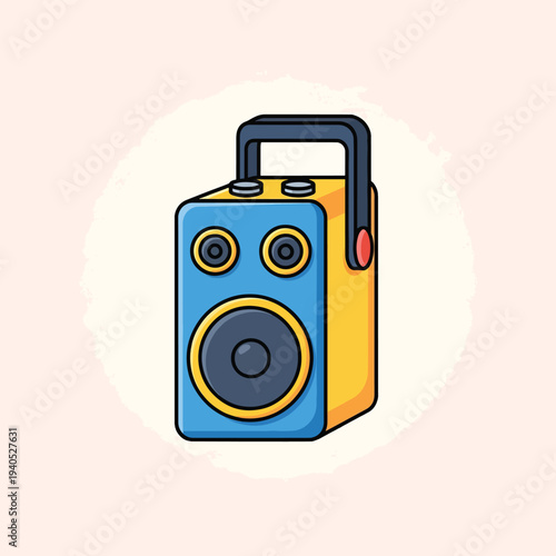 A brightly colored, portable speaker illustration with a prominent speaker, handle, and round buttons. It uses blue and yellow, with black outlines