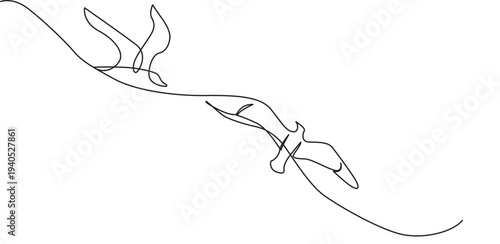 Illustration of minimalist continuous line drawing of flying seagulls