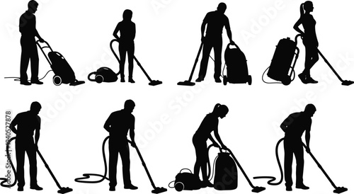 Vacuum Cleaner Silhouette Illustration Vector Featuring Seven Cleaning Poses, Equipment Variations, Household Symbol, and Marketplace Success for Creative Projects