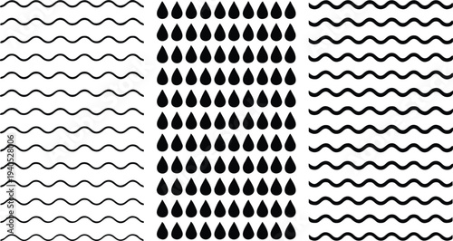 Black and white abstract pattern with wavy lines and teardrop shapes
