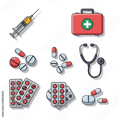 Medical Icons: Syringe, Pills, Stethoscope, First Aid Kit, and Blister Packs