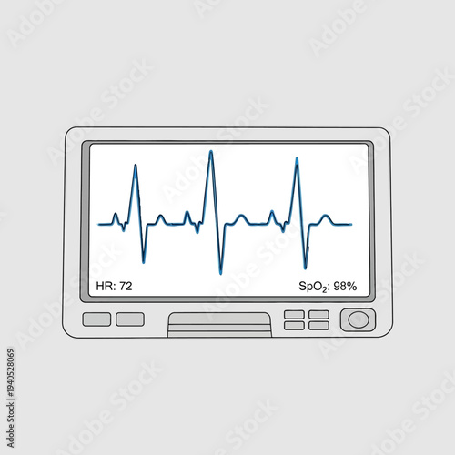 Medical monitor displaying heart rate and oxygen saturation with ECG waveform