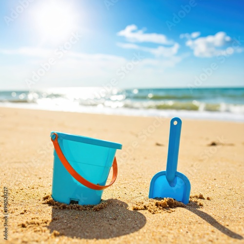 Childhood summer vacation playing with beach bucket and spade