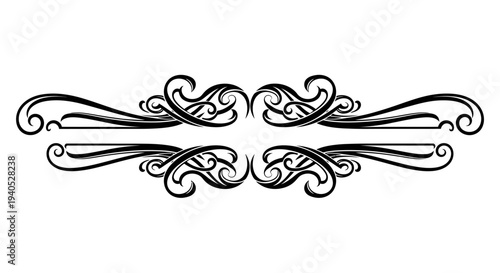 Symmetrical Horizontal Ornate Border with Elegant Swirls and Lines on Isolated White Background