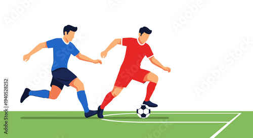 Two Male Soccer Players Dribbling and Passing the Ball on a Green Soccer Field