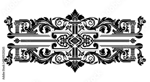 Elaborate Baroque Style Horizontal Divider with Columns and Intricate Floral Scrollwork on Isolated White Background
