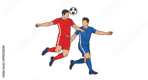 Two Male Soccer Players Competing for a Header, One Jumping for the Ball, on a Bright Studio Background