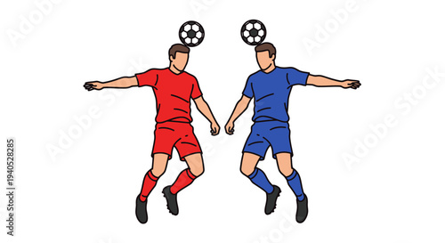 Two Male Soccer Players Heading the Ball Simultaneously in a Coordinated Action on a Bright Studio Background