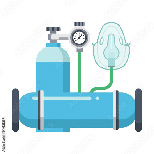 Medical Oxygen Tank with Mask and Regulator, Respiratory Therapy Equipment Illustration