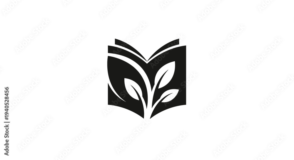 Fototapeta premium Open Book with Green Leaves Logo Symbolizing Nature, Education, and Eco-Friendly Learning on an Isolated White Background