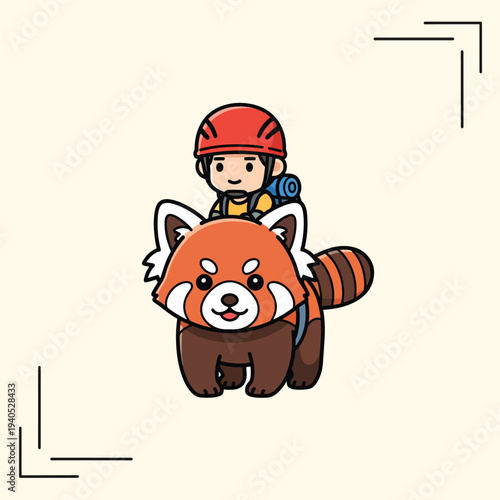 A cartoon adventurer with a red climbing helmet rides a red panda. The panda has a striped tail and backpack. A friendly image