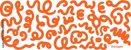 Orange squiggly lines and shapes pattern on white background
