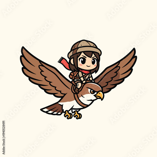 A cartoon adventurer with hat and scarf rides a brown bird with large spread wings, ready for a flight with the cream background